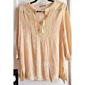 Calypso woman XS beaded embroidery velourish boho blouse Rayon silk blend ivory